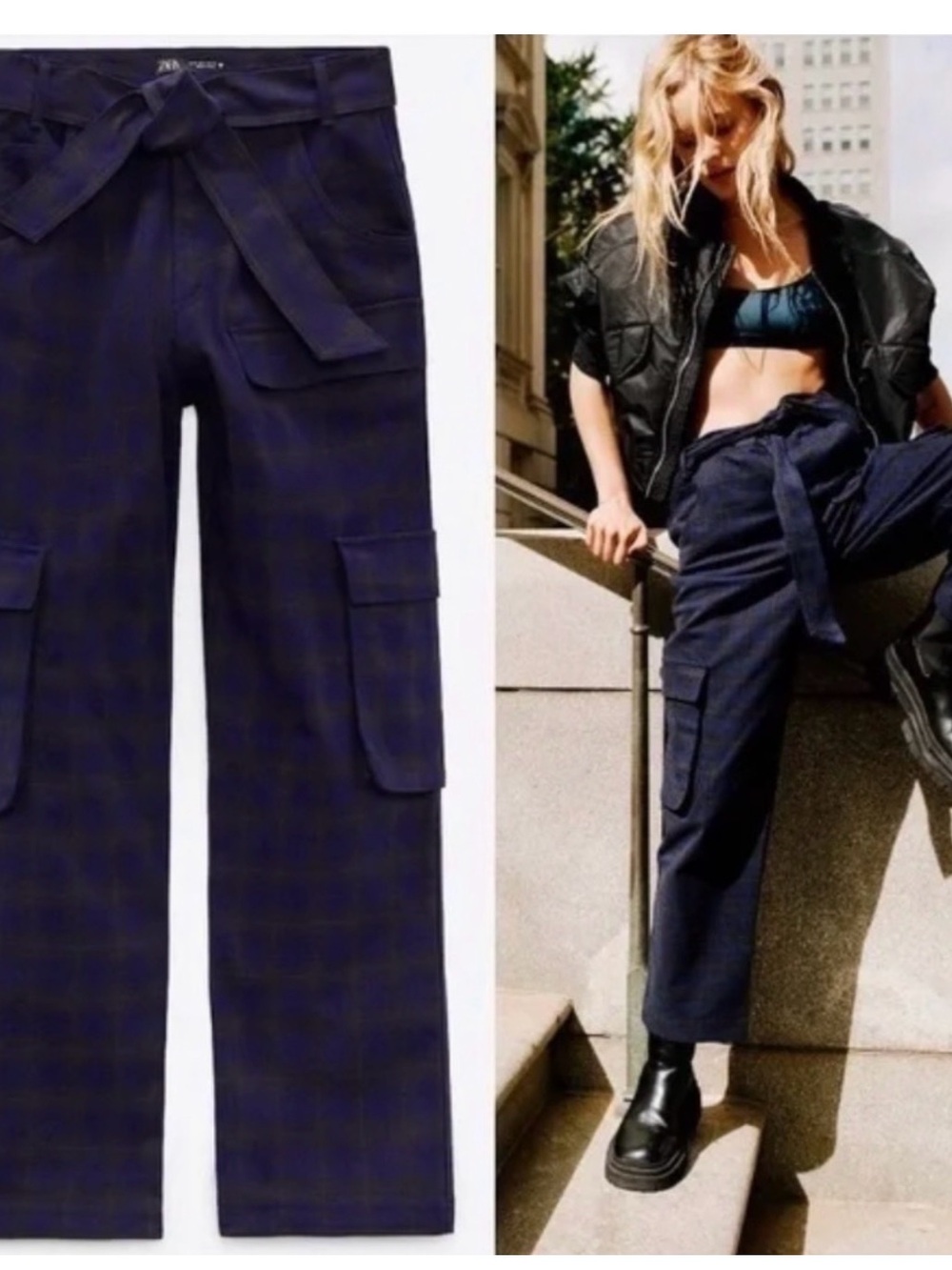 Zara Navy Wide-Leg Cargo Tie-Waist Pants